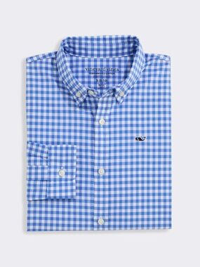 Vineyard Vines Kids M 10-12 On-The-Go Performance Gingham Shirt Blue White brr